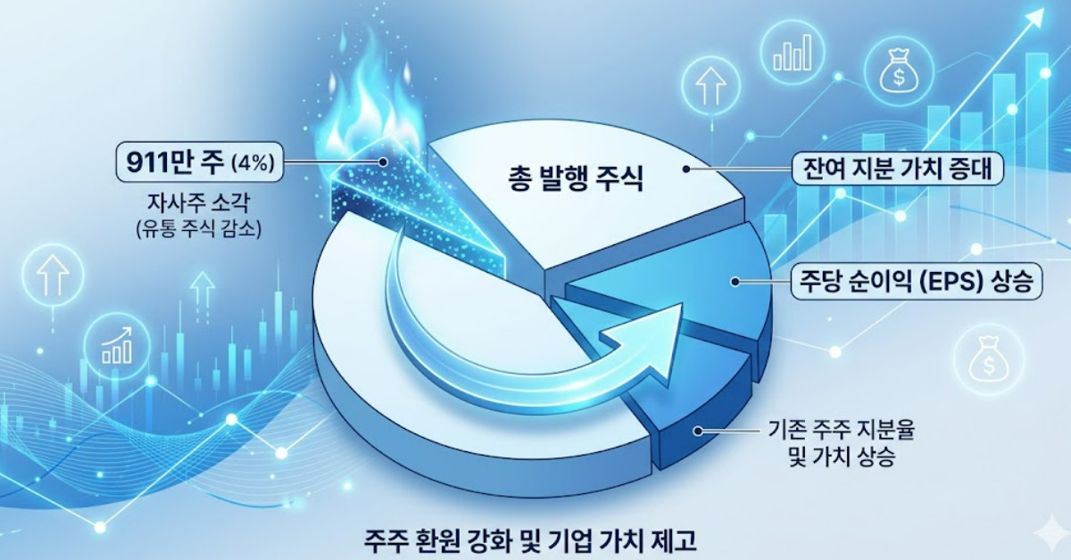 자사주 소각 전후 발행 주식 수 변화 및 가치 상승 원리 인포그래픽. 기사 이해를 돕기 위해 AI로 제작한 이미지.