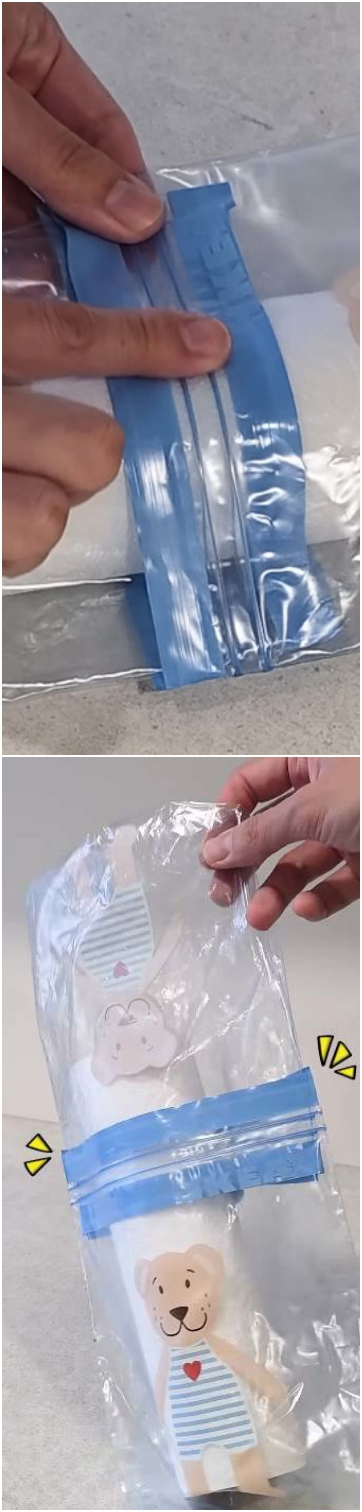 지퍼백 2개 연결해 1개로 만들기 성공. 유튜브 채널 '리꼬 Rico' 자료에 효과 넣은 이미지.