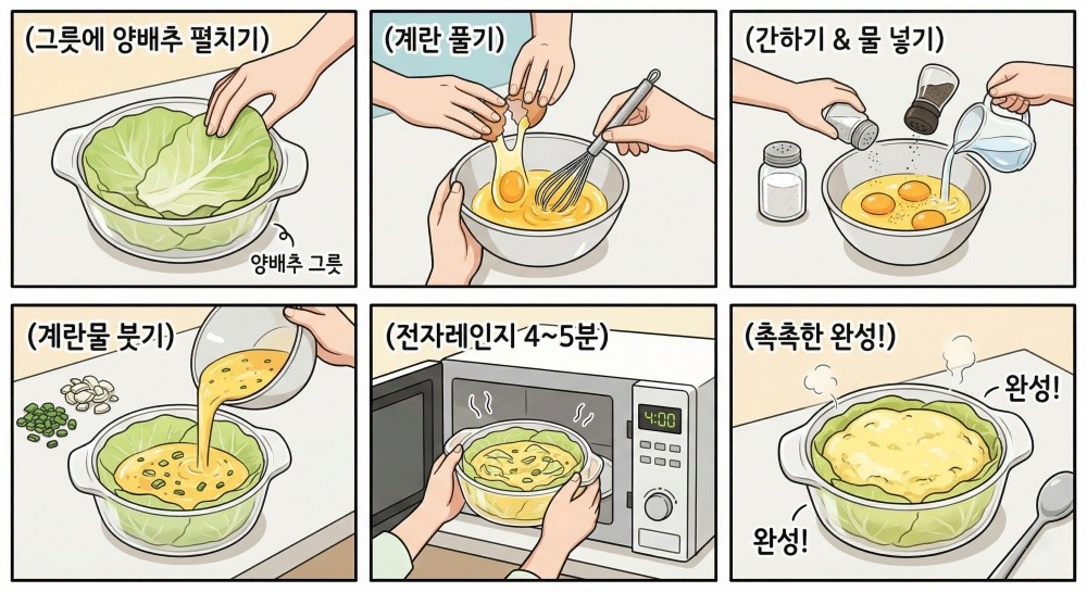 [만화] 기사를 바탕으로 AI가 생성한 만화 이미지. 전자레인지용 그릇에 양배추를 넓게 펼치고 그 안에 계란을 풀어 계란찜을 만들 수 있다.
