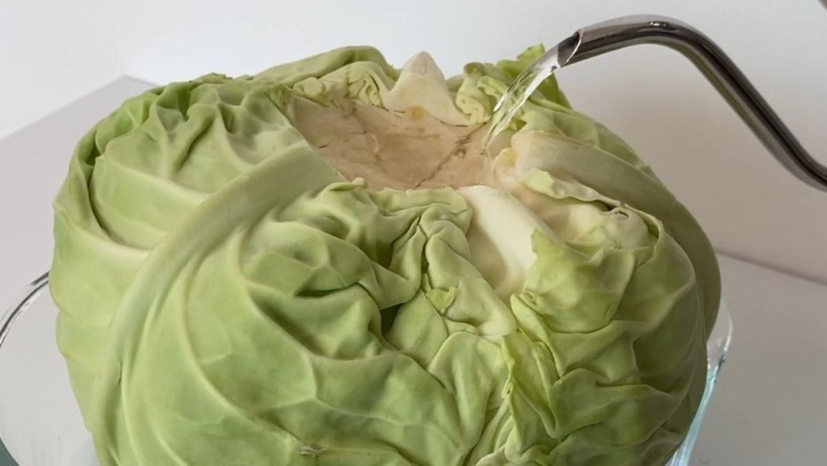 양배추의 심지를 빼고 따뜻한 물을 넣는 모습. / 유튜브 '코코네'