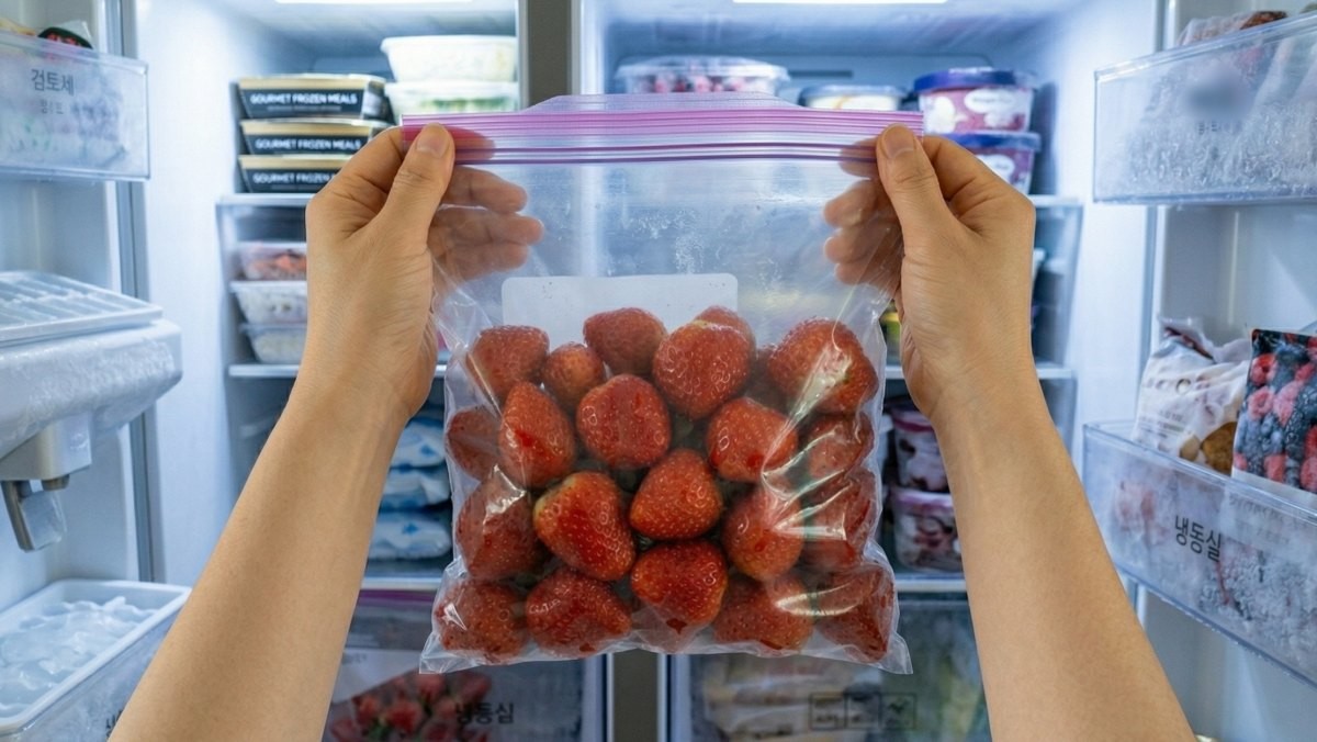 지퍼백에 담긴 딸기를 냉동고에 넣으려는 모습. AI가 생성한 자료사진.