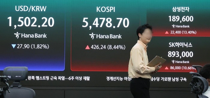 지난 1일 서울 중구 하나은행 딜링룸 전광판에 코스피와 코스닥 종가, 원·달러 환율, 삼성전자와 SK하이닉스 주가가 표시되고 있다. 이날 코스피와 코스닥은 상승 마감했고 환율은 하락했다. / 뉴스1