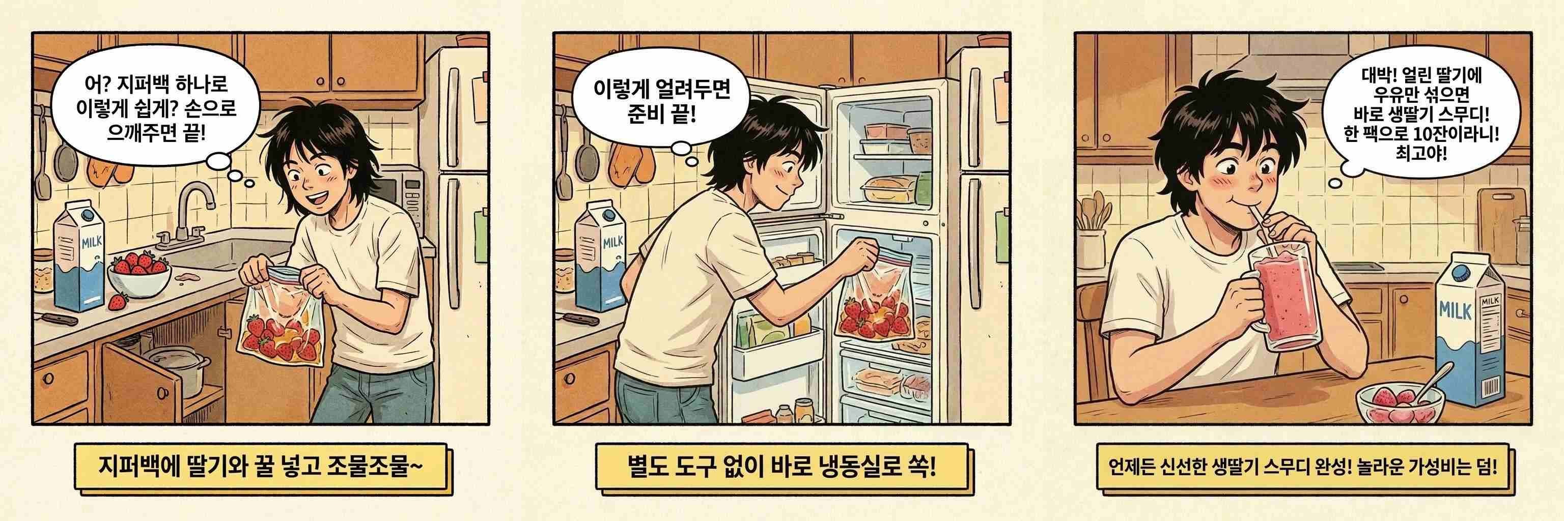 [만화] 딸기를 얼려 스무디 만드는 사람. AI가 생성한 자료사진.