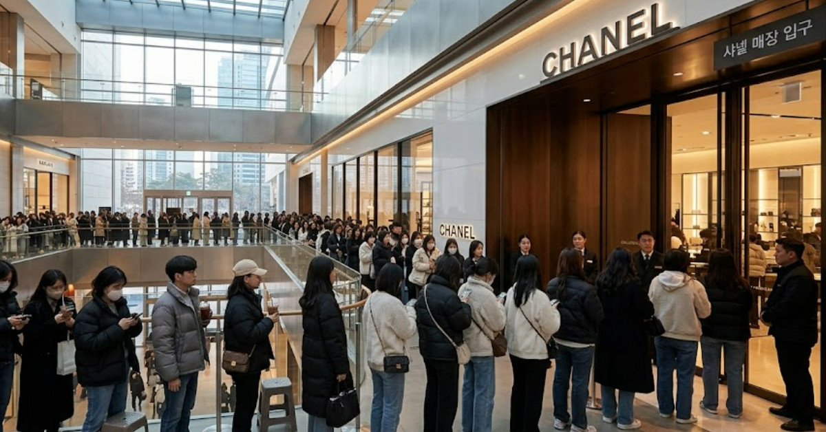명품관 앞에 줄 서 있는 사람들. 단순 자료 사진. 기사 이해를 돕기 위해 AI로 제작한 이미지.