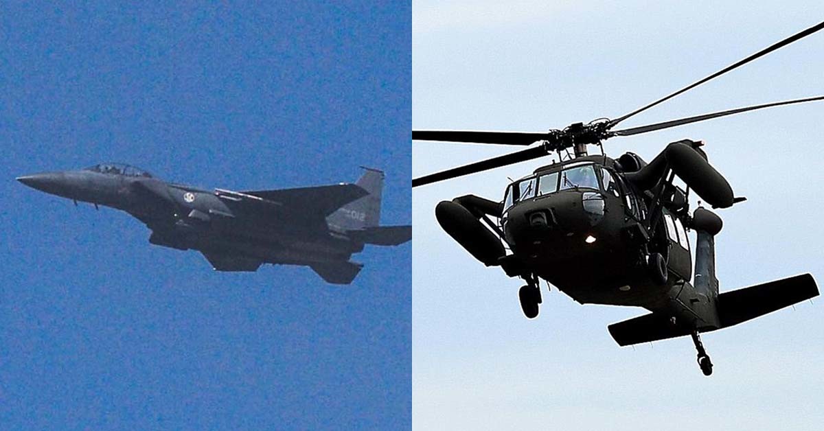 F-15 전투기(왼쪽)와     블랙호크 헬기. / 뉴스1 자료사진