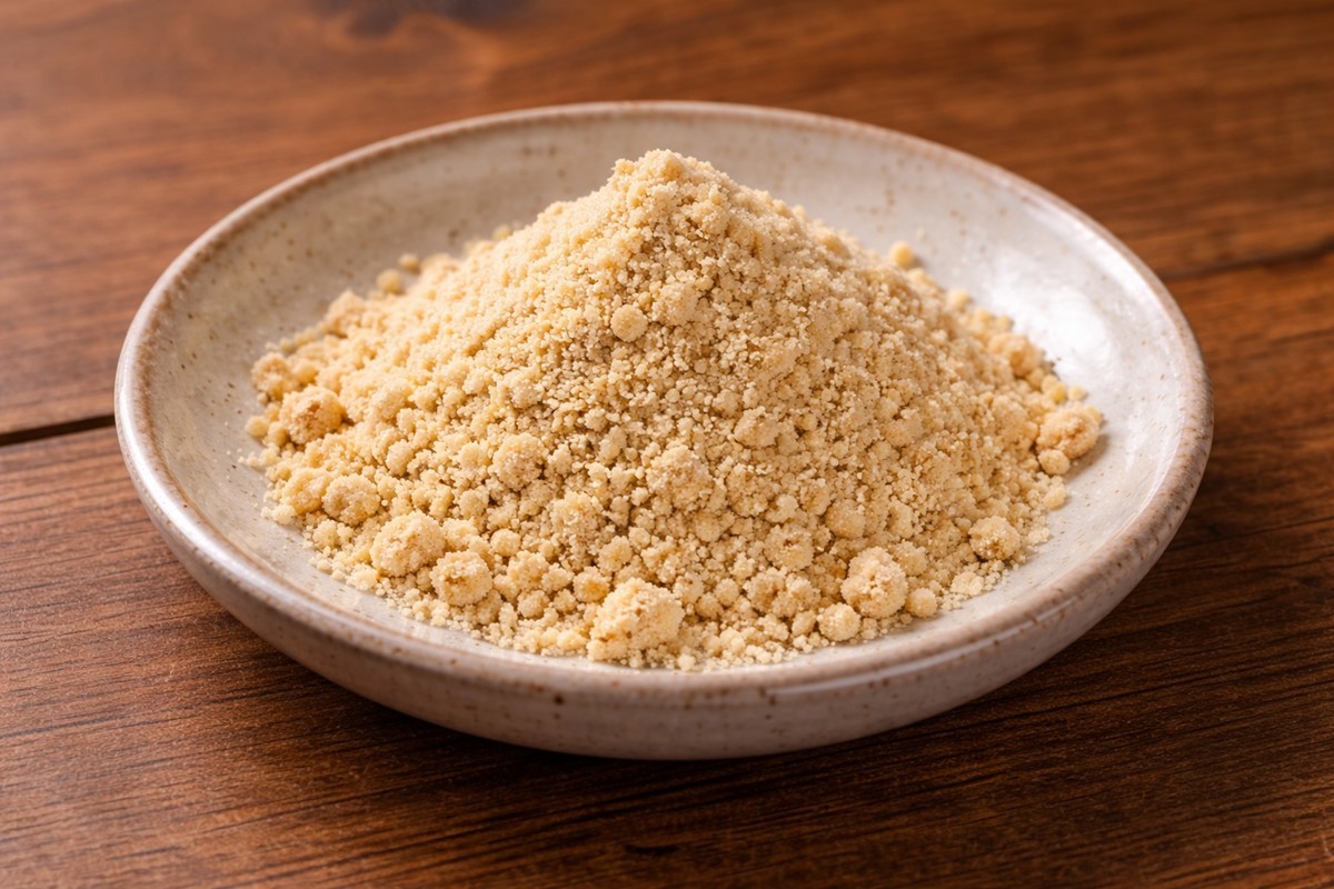 콩가루 모습. 콩가루는 고소함과 은은한 단맛을 동시에 지니고 있어 기름진 삼겹살과 매우 잘 어울린다. 기사 이해를 돕기 위해 AI를 이용해 제작한 자료 사진. 실제 모습과 다소 차이가 있을 수 있다.