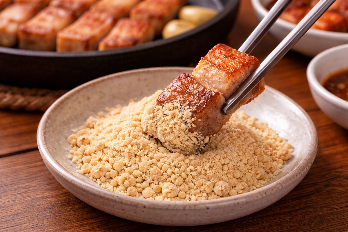 구운 삼겹살을 콩가루에 찍어 먹는 모습. 단순히 짠맛으로 자극을 주는 소금과 달리, 콩가루는 풍미 자체를 확장시키는 역할을 하기 때문에 음식의 깊이가 한층 더 살아난다. 기사 이해를 돕기 위해 AI를 이용해 제작한 자료 사진. 실제 모습과 다소 차이가 있을 수 있다.