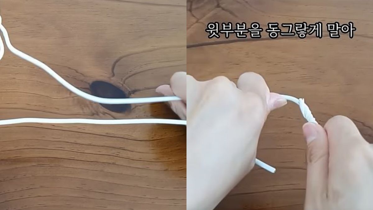 옷걸이 양쪽을 손으로 구부리는 모습(왼)과 옷걸이 윗 부분을 동그랗게 말아 구부리는 모습.(오). / 유튜브 '집구석구석꿀팁, 집꿀'
