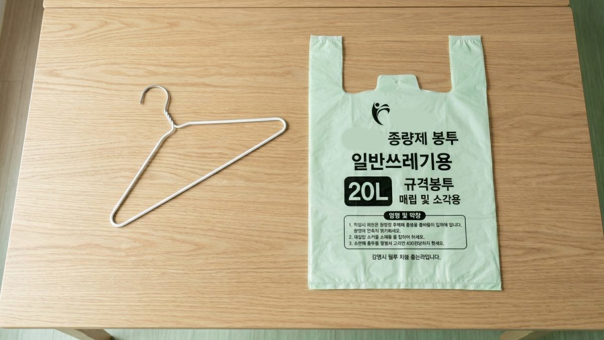 옷걸이와 종량제봉투가 함께 책상 위에 올려져 있는 모습의 자료사진. (실제와 차이가 있을 수 있음을 알립니다.) AI가 생성한 자료사진.