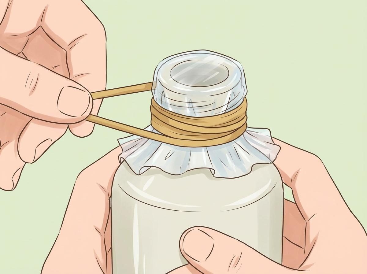 [삽화] 로션통에 비닐과 고무줄을 씌우는 모습. AI가 생성한 자료사진.