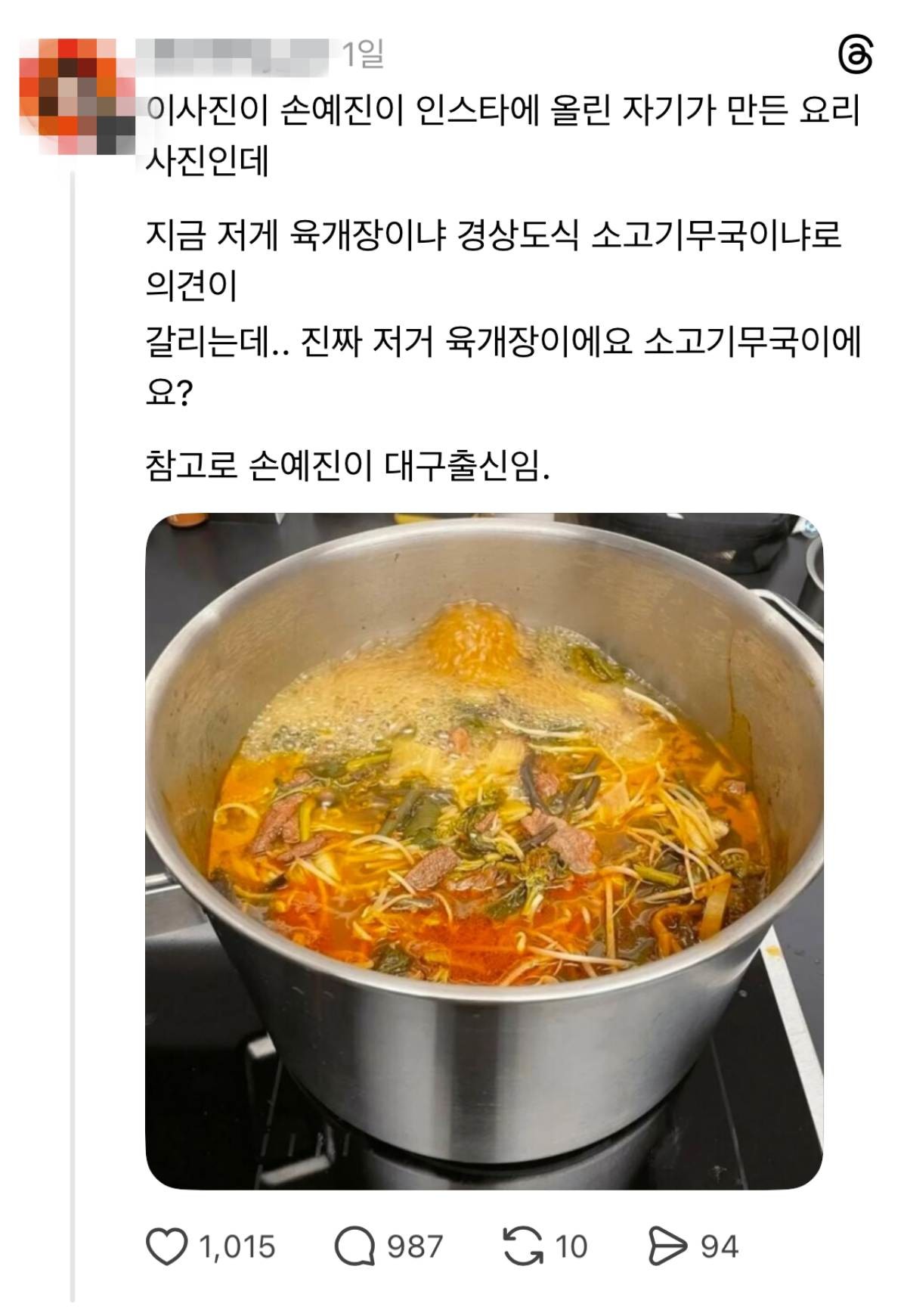 '경상도식 소고기뭇국 vs 육개장'. 손예진이 과거 SNS에 올린 음식 사진 1장이 최근 다시 논쟁(?)을 불러 모았다. / 스레드