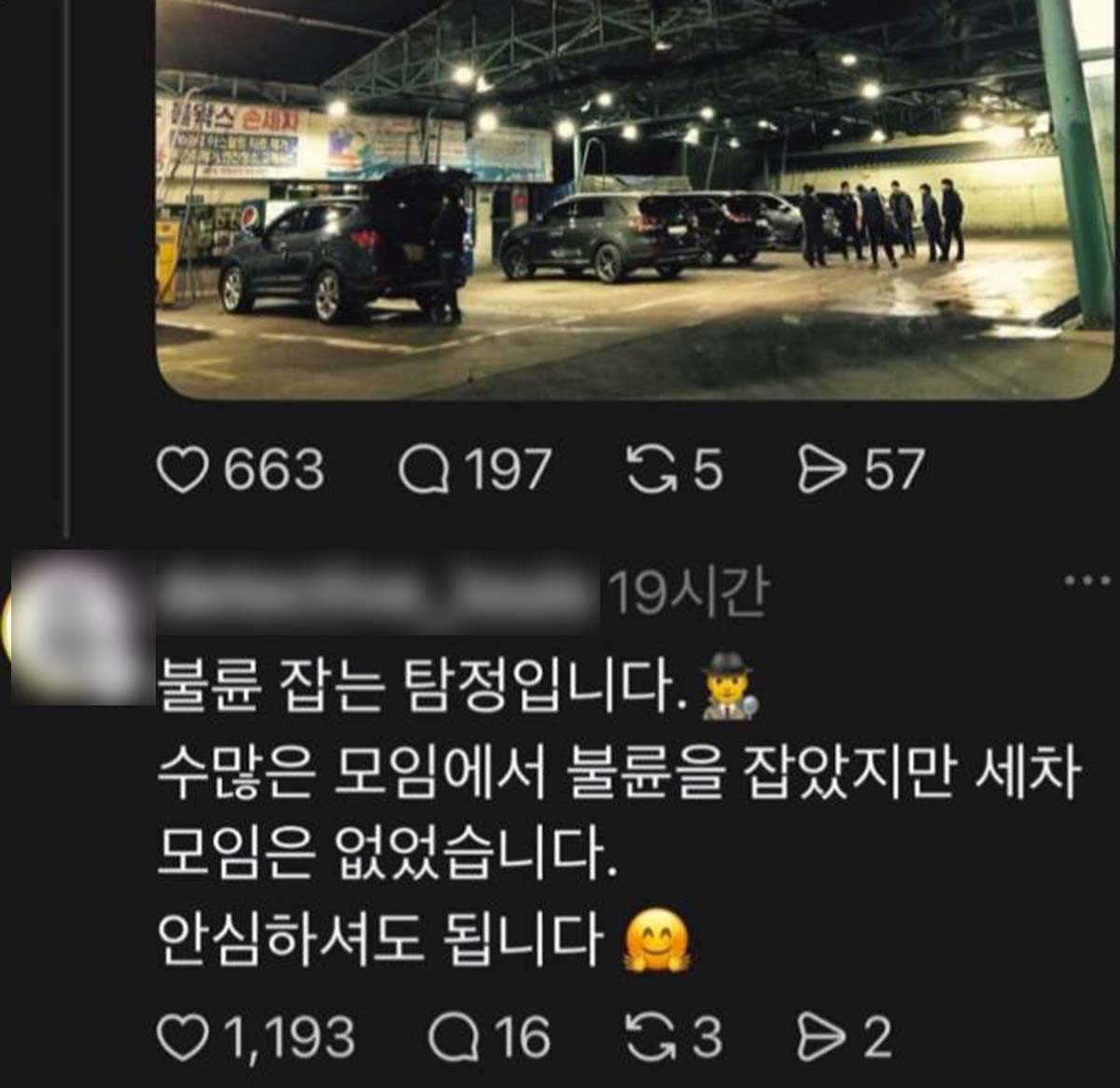 남편이 세차동호회에서 불륜을 저지르는 게 아닌지 의심스럽다고 하자 불륜 잡는 팀장이라고 자신을 소개한 네티즌이 단 댓글.