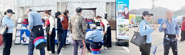 양양군 시연회에서 농업인이 ‘허리보호대 쪼그리’를 체험하고 만족도를 나타내고 있다.