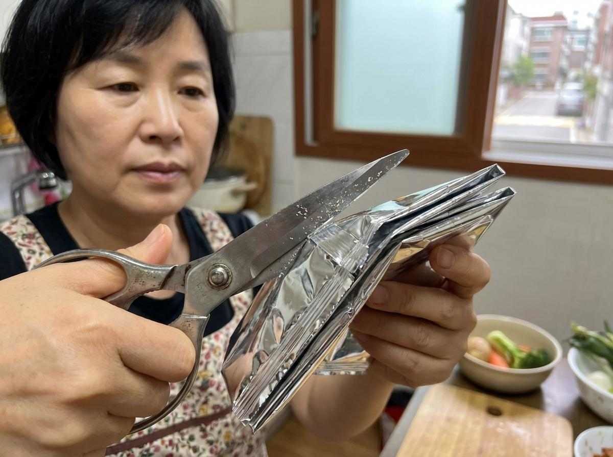 과자봉지 안쪽면으로 가위 날, 새것처럼 만들기 꿀팁. 기사 내용 토대로 AI툴 활용해 제작한 자료사진.