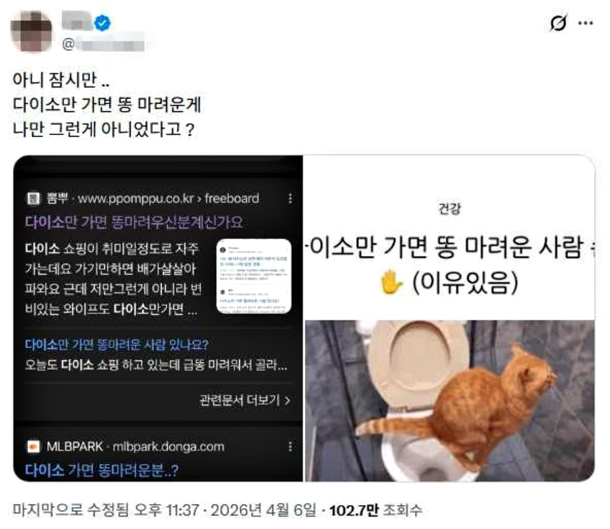 다이소에 가면 유독 화장실에 가고 싶다는 여러 후기 글들. / 엑스(옛 트위터)