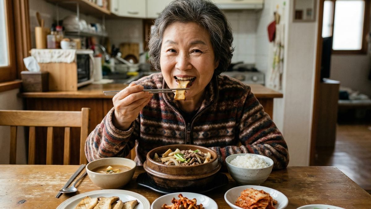 새송이 버섯 요리를 먹는 사람. AI가 생성한 자료사진.