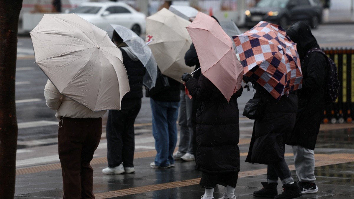 우산을 쓴 시민들이 횡단보도 신호를 기다리고 있다. / 뉴스1