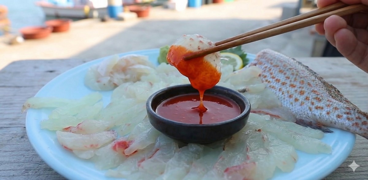 붉바리 회를 초장에 찍은 모습 (기사 이해를 돕기 위해 AI로 제작된 이미지)