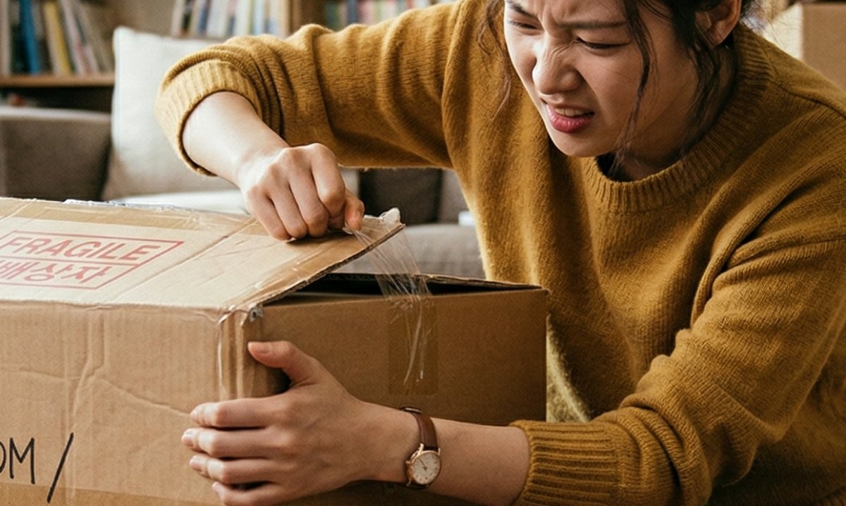 박스테이프를 떼기 위해 힘을 쓰는 사람. AI가 생성한 자료사진.