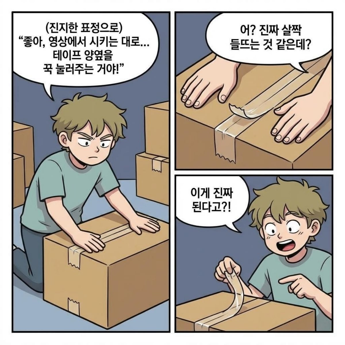 [만화] 박스테이프 주변을 눌러 쉽게 테이프를 제거하는 모습. AI가 생성한 자료사진.