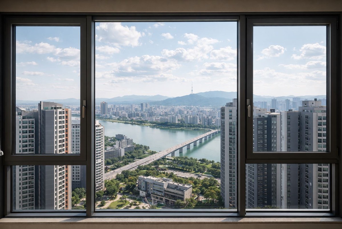 아파트 창문으로 보이는 바깥 풍경.기사 이해를 돕기 위해 AI를 활용해 제작한 자료 사진입니다. 실제 모습과 다소 차이가 있을 수 있습니다.