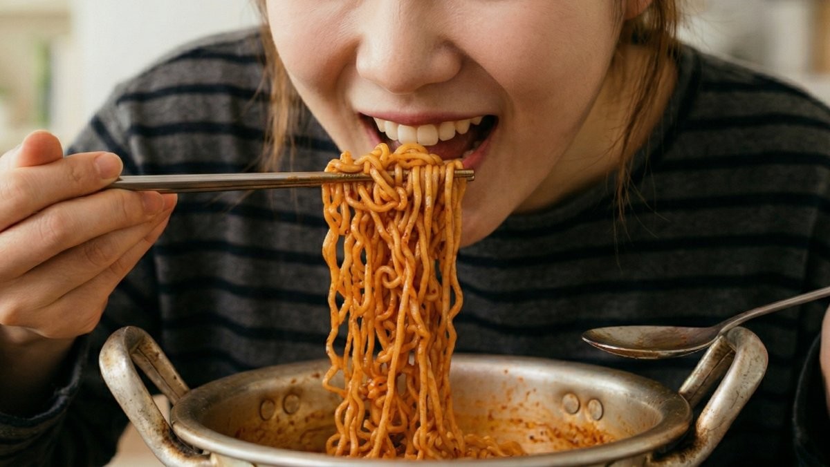 오뚜기 '진밀면'과 같은 비빔라면을 먹는 사람. (실제와 차이가 있을 수 있습니다.) AI가 생성한 자료사진.