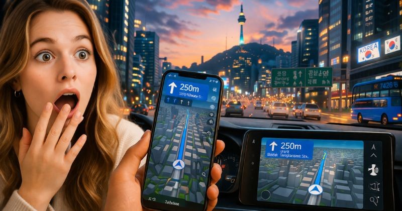 한국 내비게이션의 직관적이고 정확한 길 안내에 놀라는 외국인의 모습 / (기사 이해를 돕기 위해 AI로 제작된 이미지)