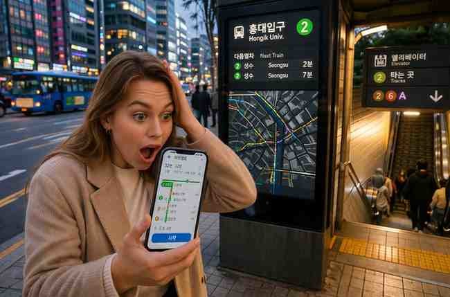 한국 도심 지하철 입구 앞에서 내비게이션 앱을 보며 놀라는 외국인의 모습 / 기사 내용을 바탕으로 제작한 AI 이미지