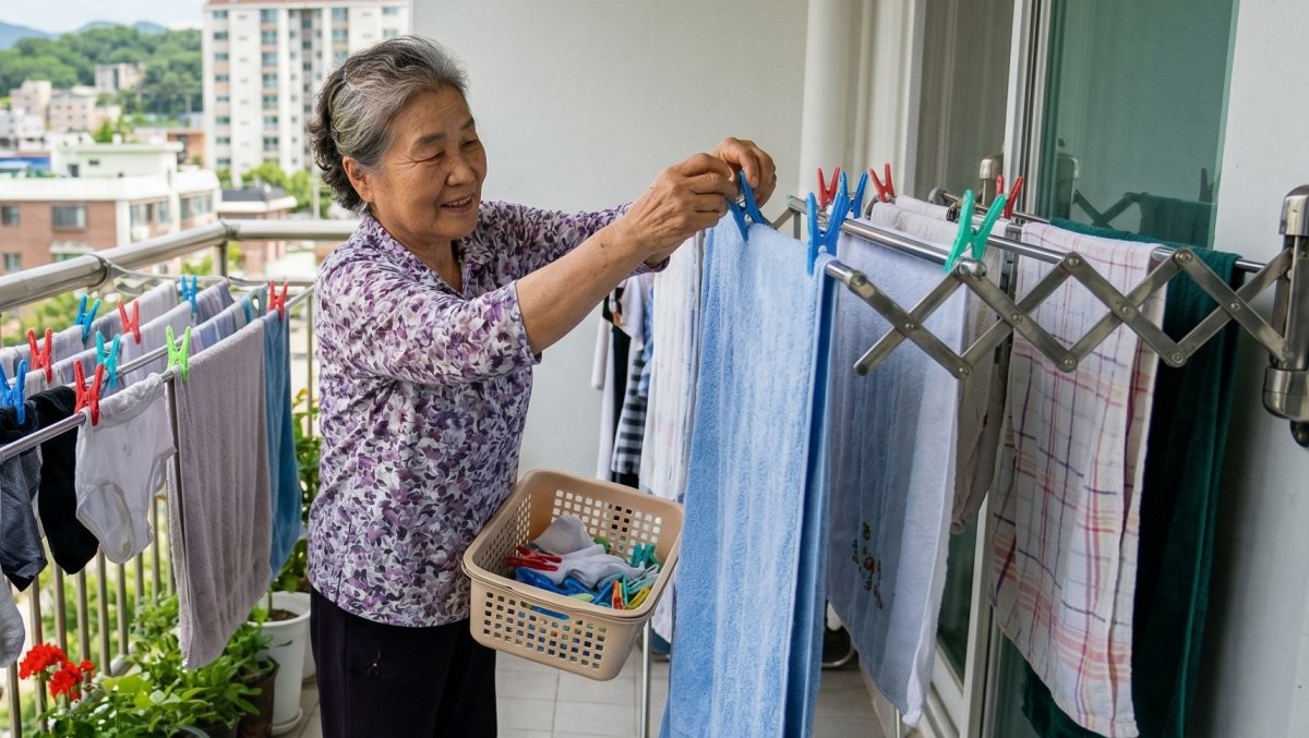빨래집게를 활용해 빨래를 너는 사람. AI가 생성한 자료사진.
