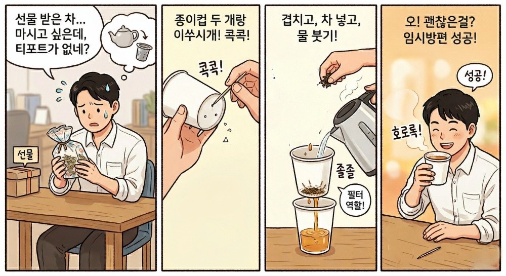 [만화] 티포트가 없을 때 종이컵과 이쑤시개를 활용해 차를 우릴 수 있다.
