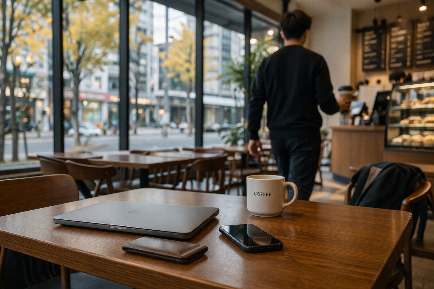 카페 테이블 위에 노트북과 휴대폰, 지갑을 그대로 두고 자리를 비운 모습 / (기사 이해를 돕기 위해 AI로 제작된 이미지)