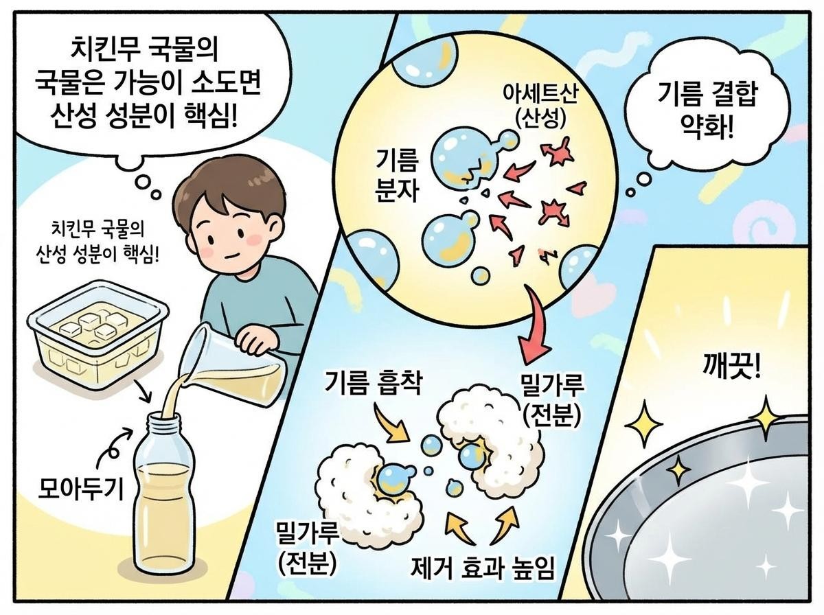 [만화] 치킨 무 국물과 밀가루가 만나 만들어진 세제로 깨끗해지는 후드. AI가 생성한 자료사진.
