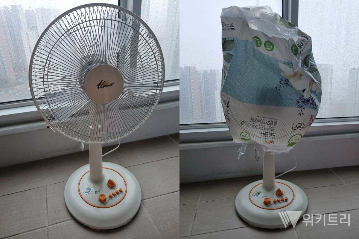 선풍기 청소를 위해 비닐을 씌운 모습. / 위키트리