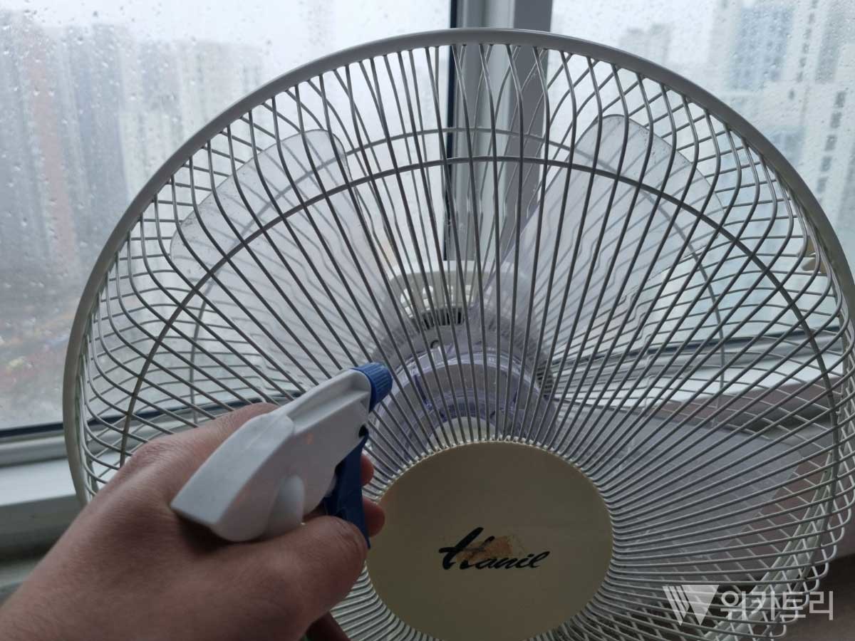 선풍기 날개에 분무기를 뿌리는 모습. / 위키트리
