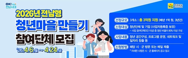 “청년이 돌아오는 전남”  전남도, '전남형 청년마을' 3곳 공모에 최대 3억 지원