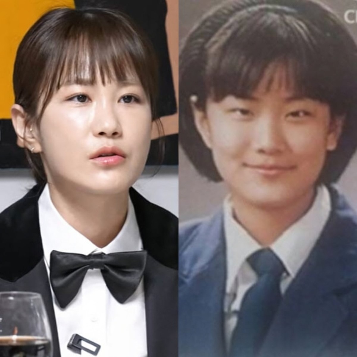 김지민의 현재 모습(왼쪽)과 과거 온라인 커뮤니티에서 화제가 된 사진. / 유튜브 채널 '준호지민'