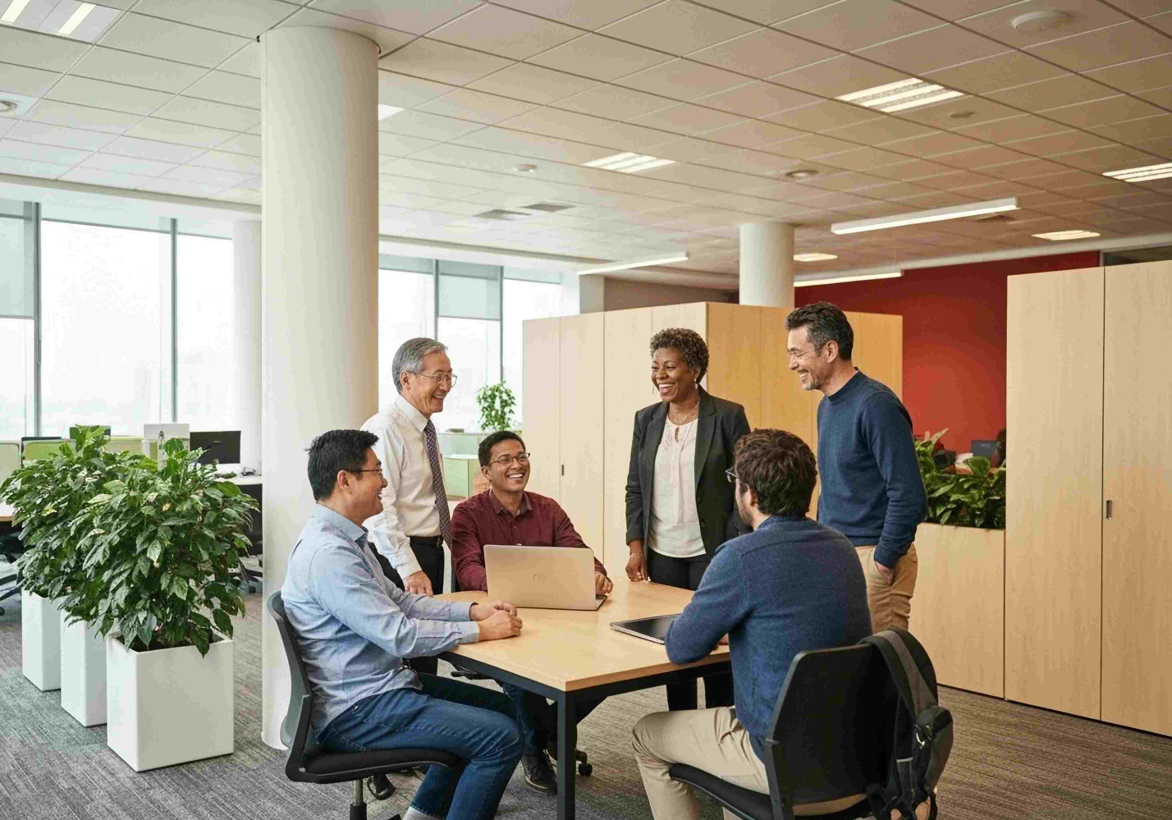 다양한 국적의 직원이 한국 기업에서 함께 웃으며 협력하는 모습 / shutterstock