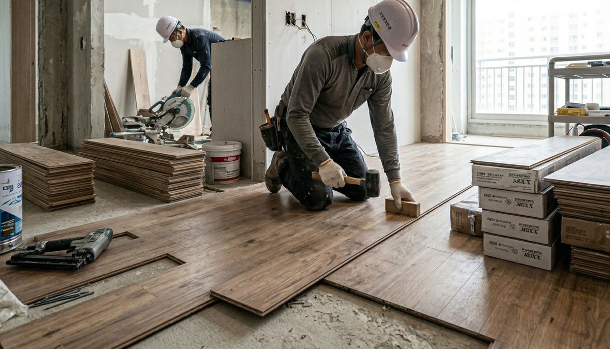 아파트 바닥재 공사를 하는 모습. 기사 이해를 돕기 위해 AI를 활용해 제작한 자료 사진입니다. 실제 모습과 다소 차이가 있을 수 있습니다.