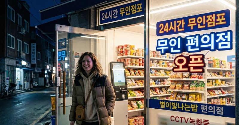 한국의 24시간 무인 편의점을 방문해 신기해하는 외국인 모습 / 기사 이해를 돕기 위해 AI로 제작된 이미지