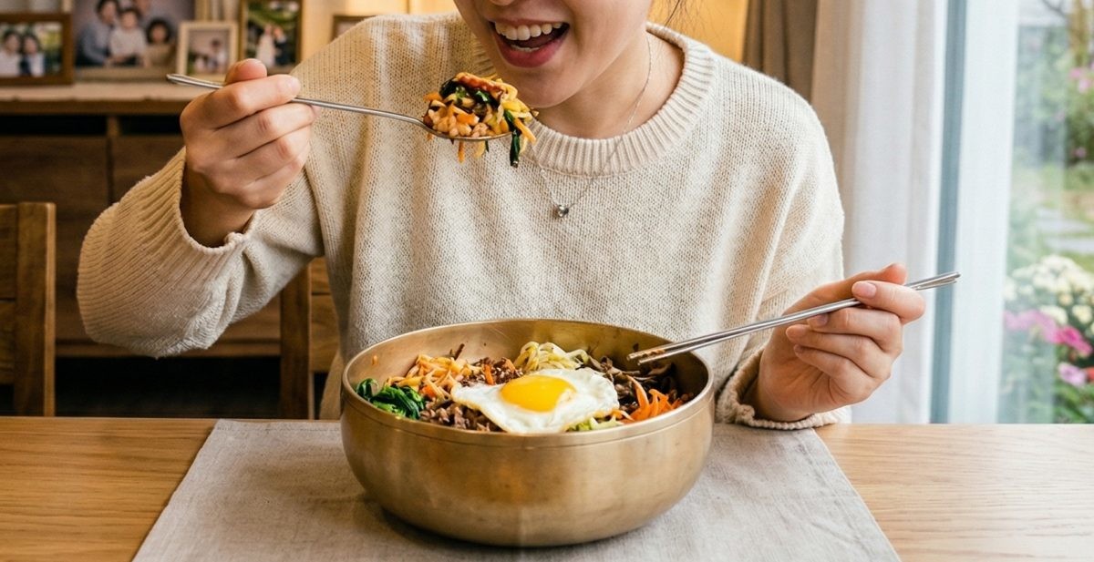 비빔밥을 맛있게 먹는 사람. AI가 생성한 자료사진.