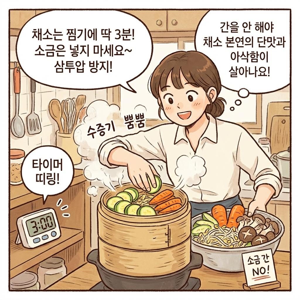 [만화] 나물들을 찜기에 찌는 모습. AI가 생성한 자료사진.