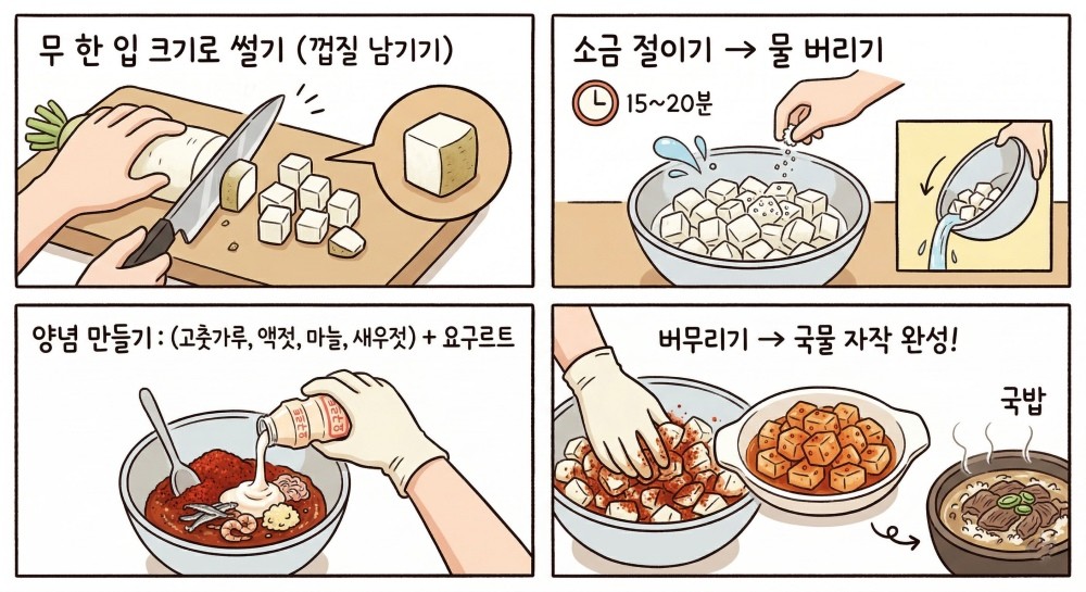 [만화] 기사를 바탕으로 AI가 생성한 조리 만화. 요구르트를 이용해 깍두기를 만들 수 있다.