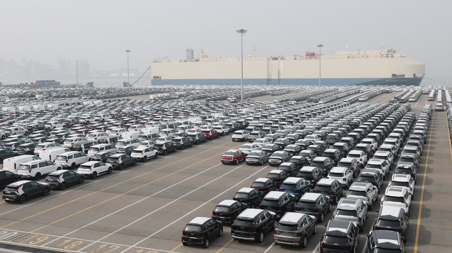경기 평택시 포승읍 기아 평택항 전용부두에 중동 수출을 앞둔 자동차들이 대규모로 줄지어 대기하고 있는 모습이다. / 뉴스1