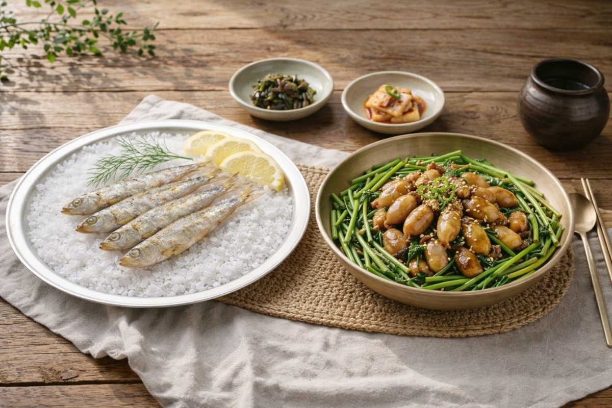 봄 멸치와 미더덕. 기사 이해를 돕기 위해 AI로 제작한 자료 이미지로, 실제 모습과 다소 차이가 있을 수 있습니다.