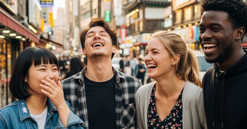 활기찬 도심 거리에서 다양한 인종의 젊은 남녀 네 명이 서로 어울리며 즐겁게 박장대소하고 있다 / 셔터스톡