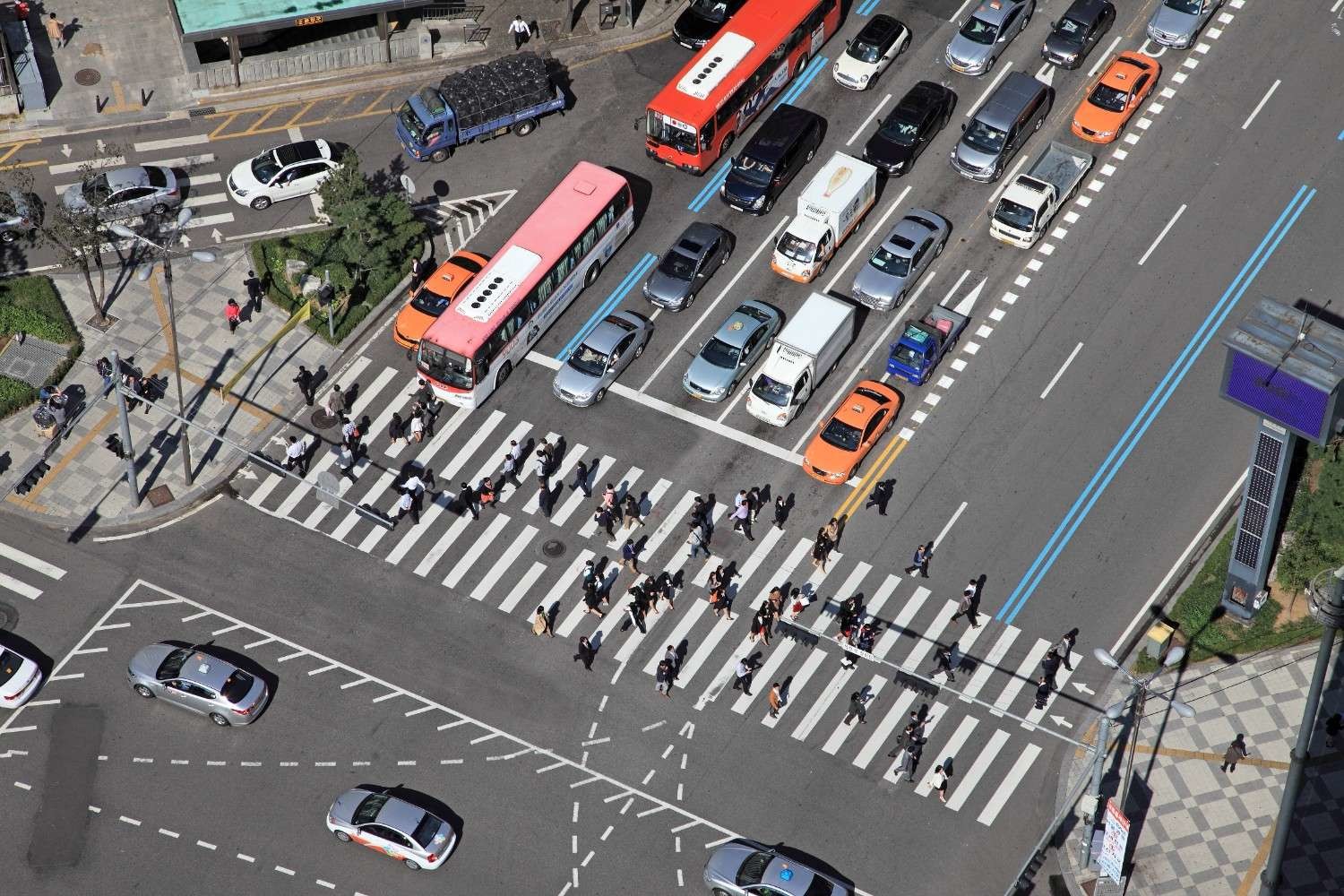 서울 을지로 일대 교차로에서 차량과 보행자들이 오가는 도심 도로 풍경이다. / 셔터스톡