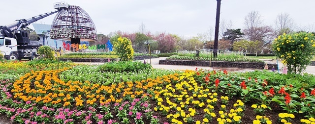 함평군, 제28회 나비대축제 화려한 손님맞이 ‘대형 꽃탑’ 설치