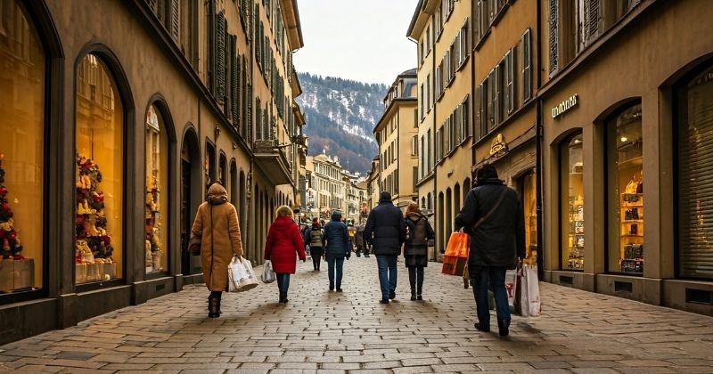 유럽풍의 고풍스러운 건물들이 늘어선 좁은 돌길 거리에서 쇼핑백을 든 사람들이 겨울 옷차림을 한 채 유유히 걸어가고 있다 / 셔터스톡