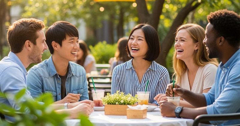 한국인 2명 외국인들과 함께 웃고 있다  / 셔터스톡