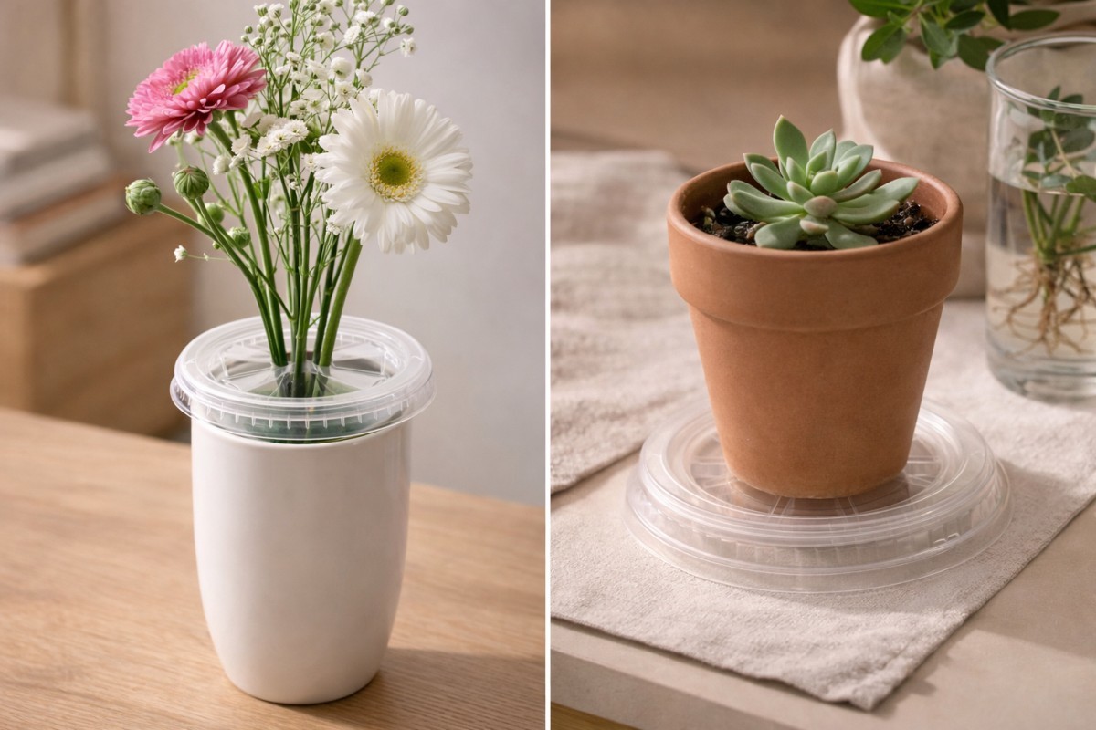 식물 관리에 테이크아웃 컵 뚜껑 활용한 모습 / 기사 내용을 바탕으로 제작한 AI 이미지